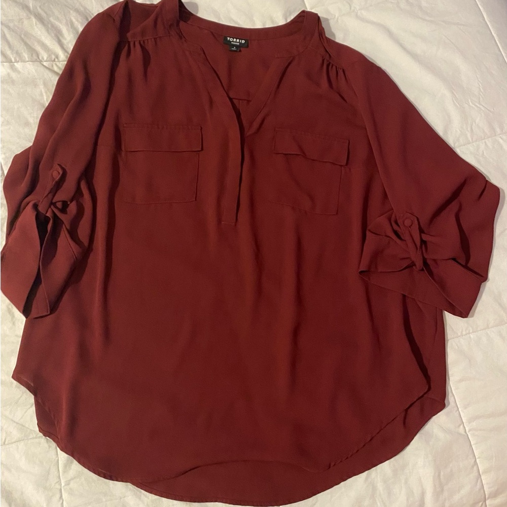 Torrid Deep Red Blouse with Rolled Sleeves
